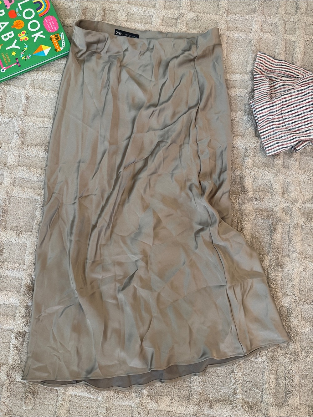 Zara Olive Taupe Satin Maxi Slip Skirt